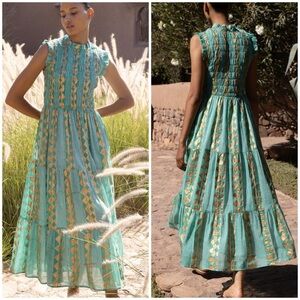 OLIPHANT Ascot Teal Gold Sleeveless Smocked Maxi Dress SZ XL